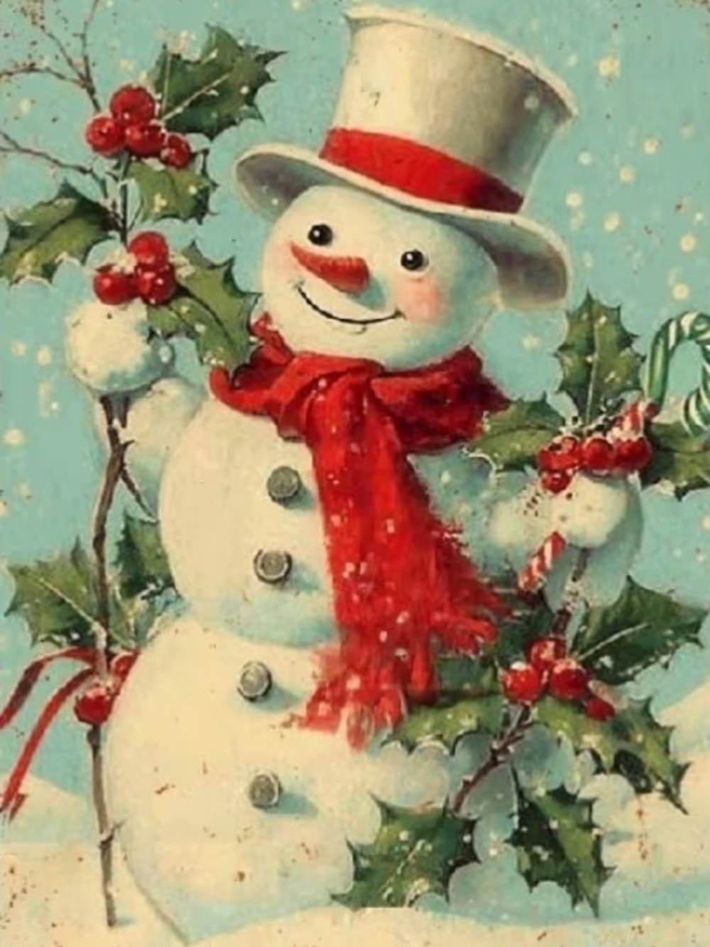 Festive Snowman Holiday Print - Red Scarf Winter Wall Art 8x10